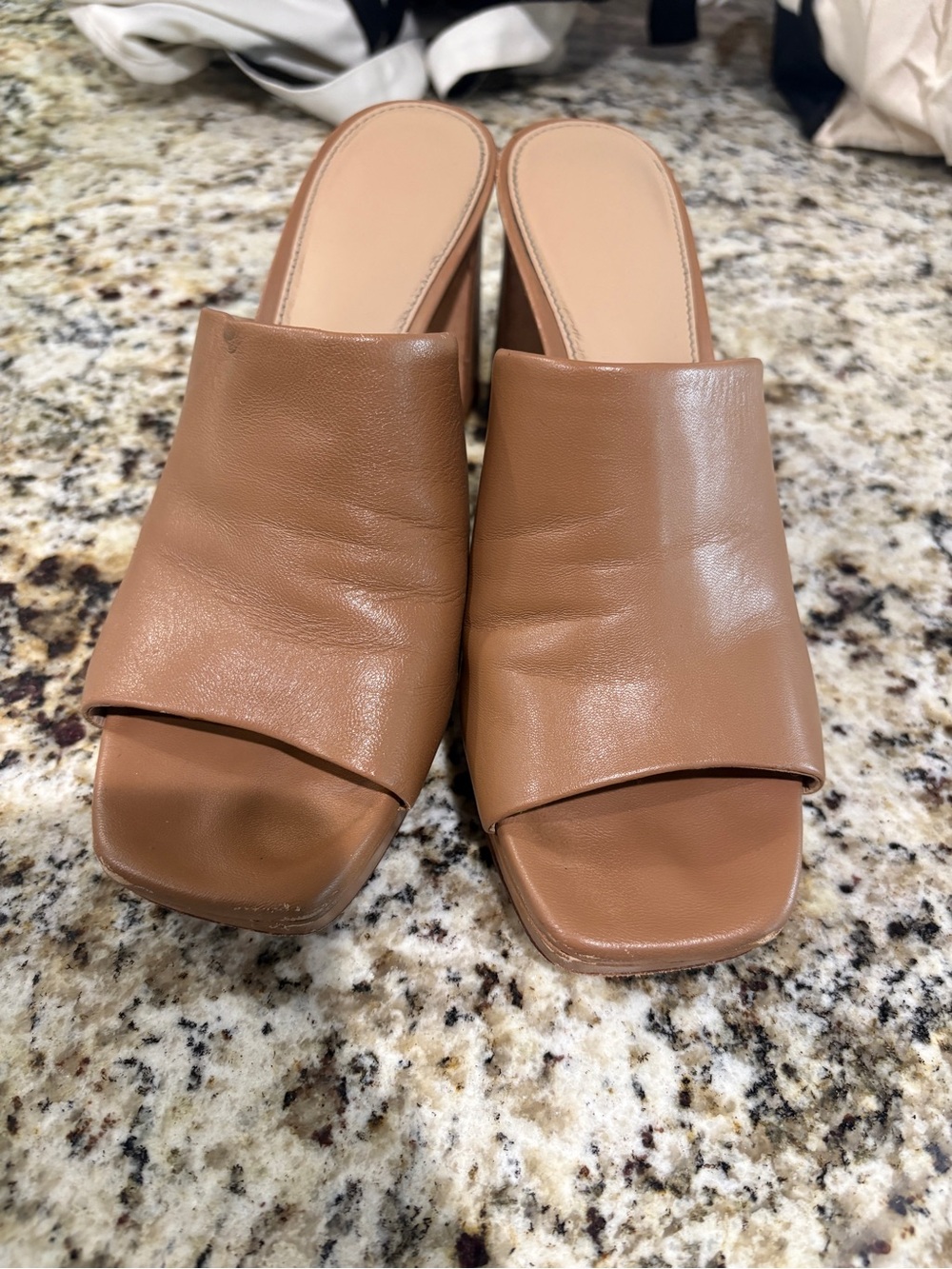 ANTONIO MELANI Tan Open-Toe Slide Wedge Mules